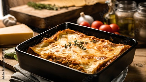 A Heartwarming, Golden-brown Lasagna, Freshly Baked And Ready To Share, In A Rustic Kitchen Setting With Warm Lighting