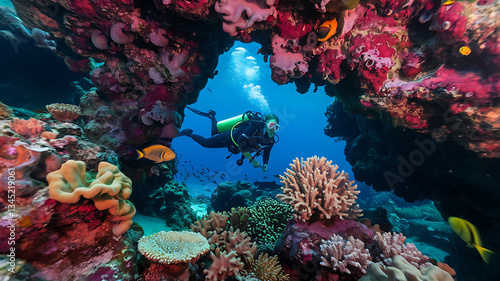 Fototapeta Naklejka Na Ścianę i Meble -  Vibrant coral reef scene scuba diver exploring underwater paradise