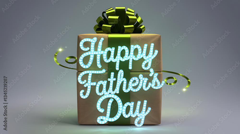 Naklejka premium A gift box with Happy Father's Day lettering decorated with glowing light-blue rhinestones and a lime green ribbon