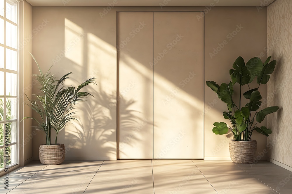 Minimalist Interior Design with Tropical Plants and Sunlight Minimalist Interior Design with Tropical Plants and Sunlight