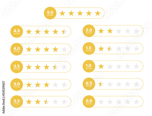 Set of stars rating design elements. Kit of star shapes for ranking interface. Voting symbols from zero to five points. Vector illustration in flat style