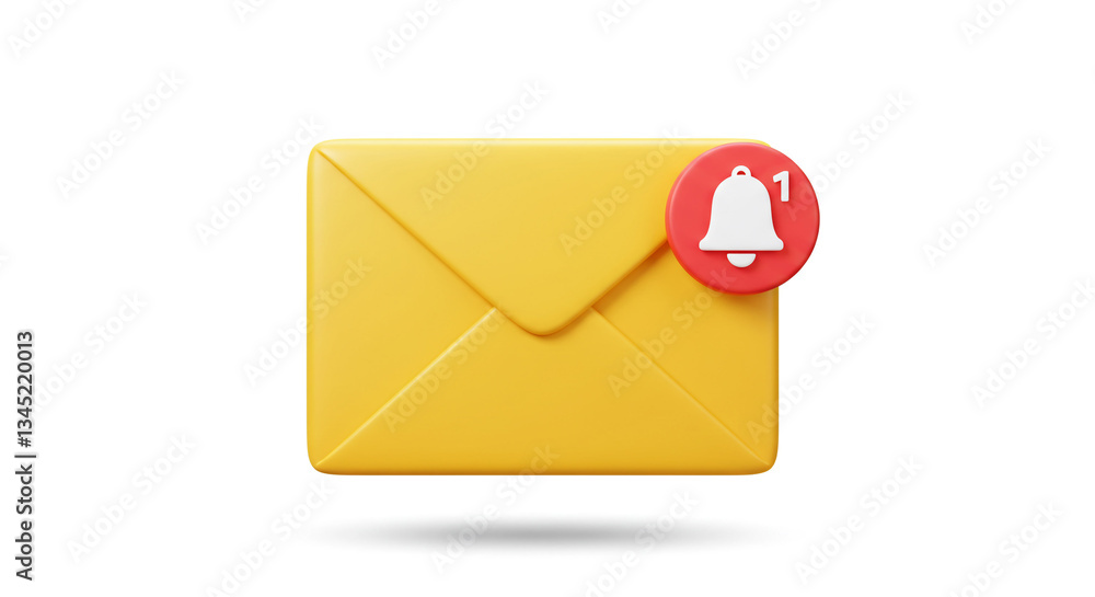 A cheerful yellow envelope awaits, a single notification bell rings, signaling an important message in a clean, simple 3D style. A cheerful yellow envelope awaits, a single notification bell rings, signaling an important message in a clean, simple 3D style.