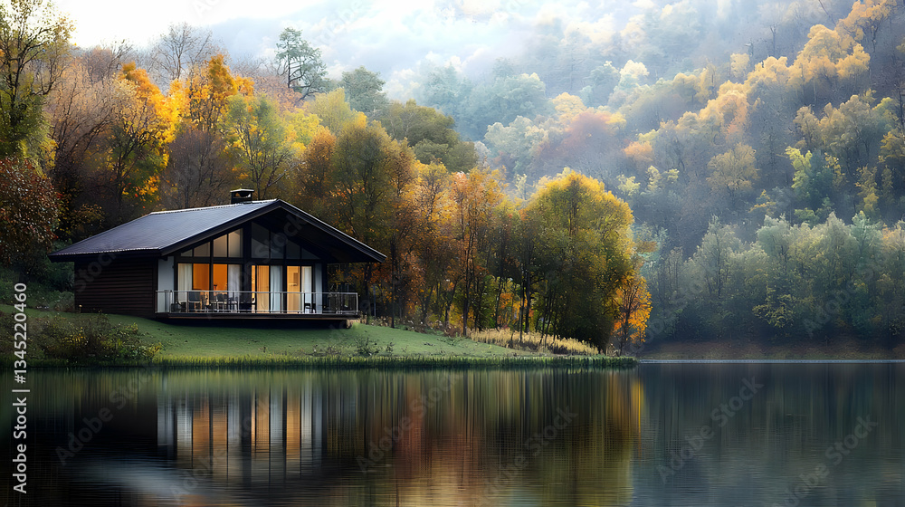 Fototapeta premium Cozy Modern Cabin By A Calm Lake In Autumn Forest