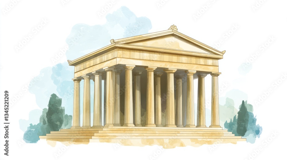 Obraz premium Ancient Greek temple illustration, watercolor style, historical architecture, artistic representation