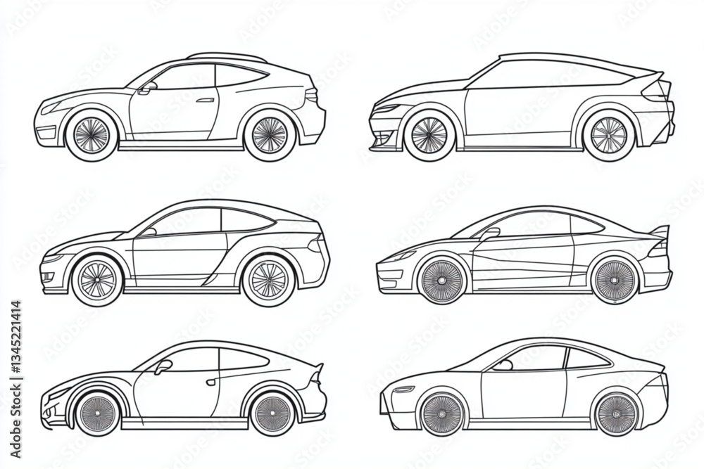 Six different car outlines on a white background page Six different car outlines on a white background page