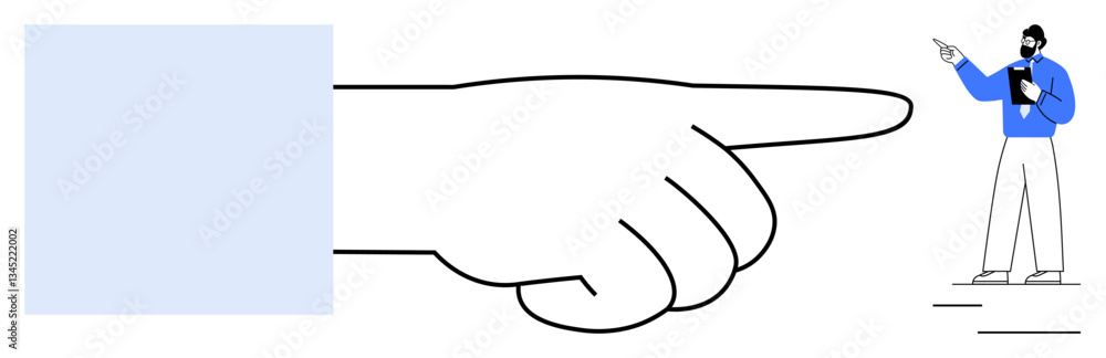 Large hand gesturing toward a man with a clipboard wearing formal attire and making a point. Ideal for guidance, direction, authority, decision-making, teamwork, leadership, accountability. Flat Large hand gesturing toward a man with a clipboard wearing formal attire and making a point. Ideal for guidance, direction, authority, decision-making, teamwork, leadership, accountability. Flat