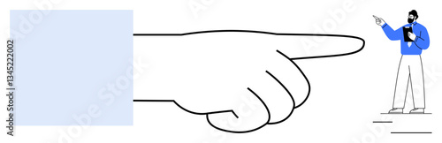 Large hand gesturing toward a man with a clipboard wearing formal attire and making a point. Ideal for guidance, direction, authority, decision-making, teamwork, leadership, accountability. Flat