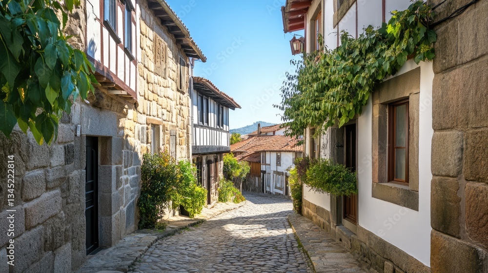 Charming cobblestone street lined with traditional houses and greenery in a picturesque village setting Charming cobblestone street lined with traditional houses and greenery in a picturesque village setting