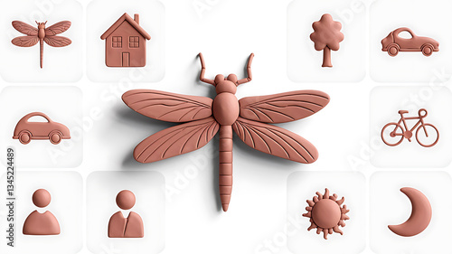 Cute clay-like icons of dragonfly house tree car bicycle sun moon and people