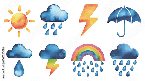 Colorful watercolor weather icons sun clouds rain rainbow lightning umbrella Cute kid-friendly design