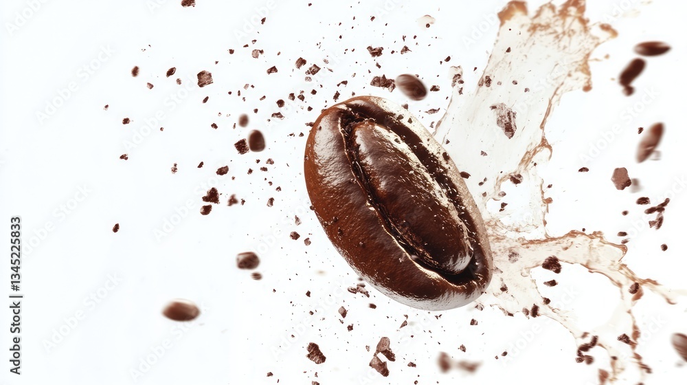 A close-up of a coffee bean exploding with chocolate shavings against a white background, showcasing dynamic motion A close-up of a coffee bean exploding with chocolate shavings against a white background, showcasing dynamic motion