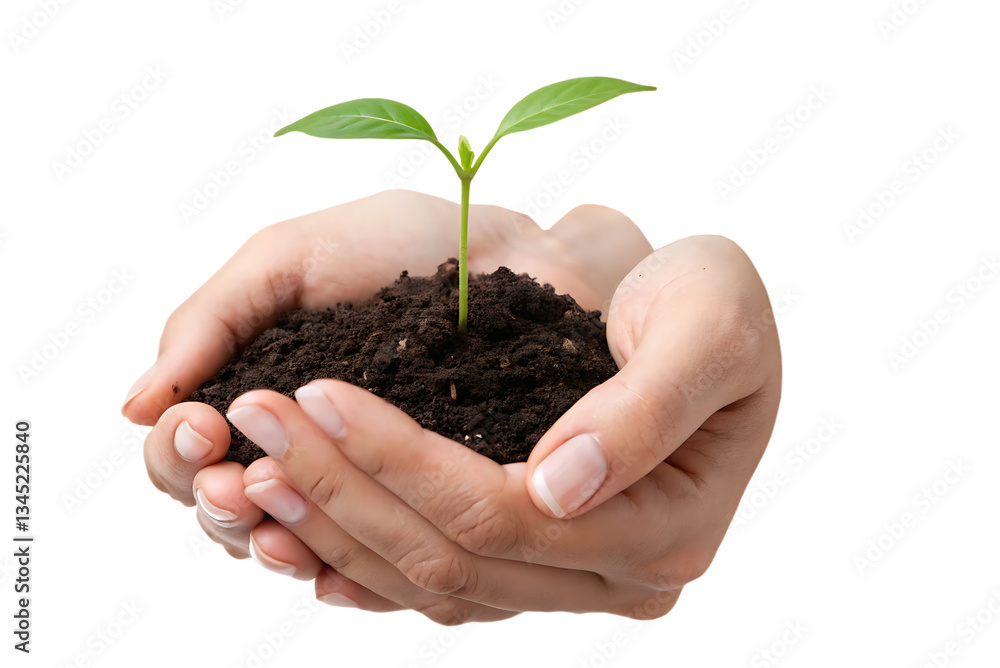 A seedling in hands with soil against a plain black studio backdrop A seedling in hands with soil against a plain black studio backdrop