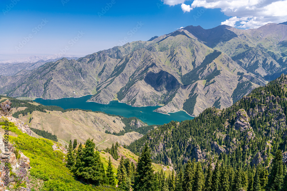 Fototapeta premium Tianchi alpine lake in Xinjiang, Northwestern China. The name is literally Heavenly Lake.