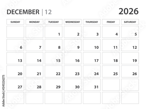 December 2026 year planner template. calendar 2026 year. corporate planner. Desk calendar 2026 year. Week Starts on Sunday, monthly and yearly planners. organizer diary. wall calendar. office supply
