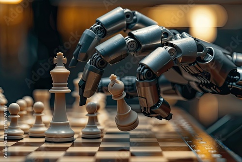 A glowing futuristic chessboard with a robotic arm making a strategic move.