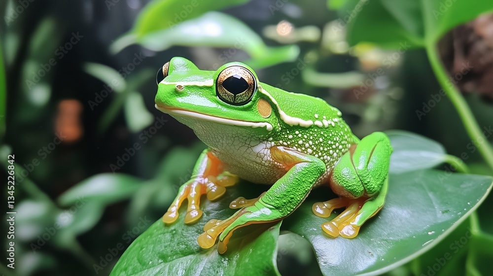 Obraz premium A vibrant green tree frog perched on a leaf, showcasing its bright colors and intricate patterns