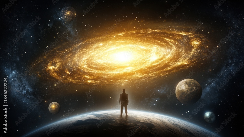 Obraz premium Majestic view of a cosmic galaxy with planets and silhouetted figure