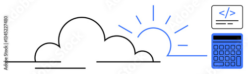 Cloud with rising sun, coding snippet, calculator. Ideal for tech, innovation, data analysis, cloud storage, software development programming education. Flat simple metaphor