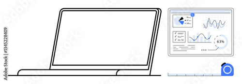 Laptop alongside a data dashboard with charts, analytics, and performance metrics. Blue measurement tape symbolizes accuracy and evaluation. Ideal for business, analytics, productivity, data