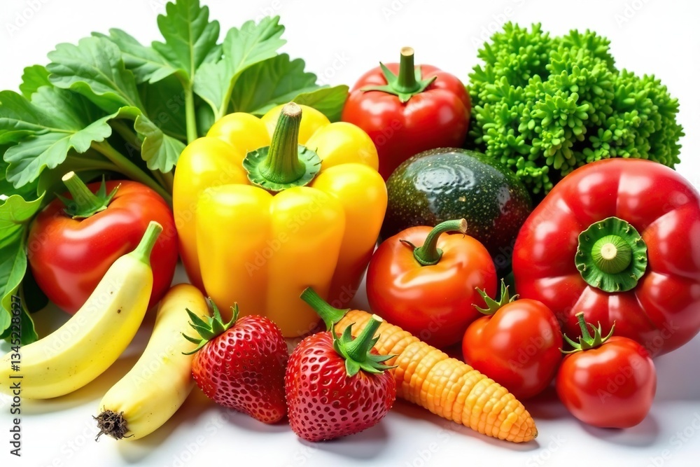 Variety of organic fruits & vegetables isolated on white, isolated, colorful, white background Variety of organic fruits & vegetables isolated on white, isolated, colorful, white background