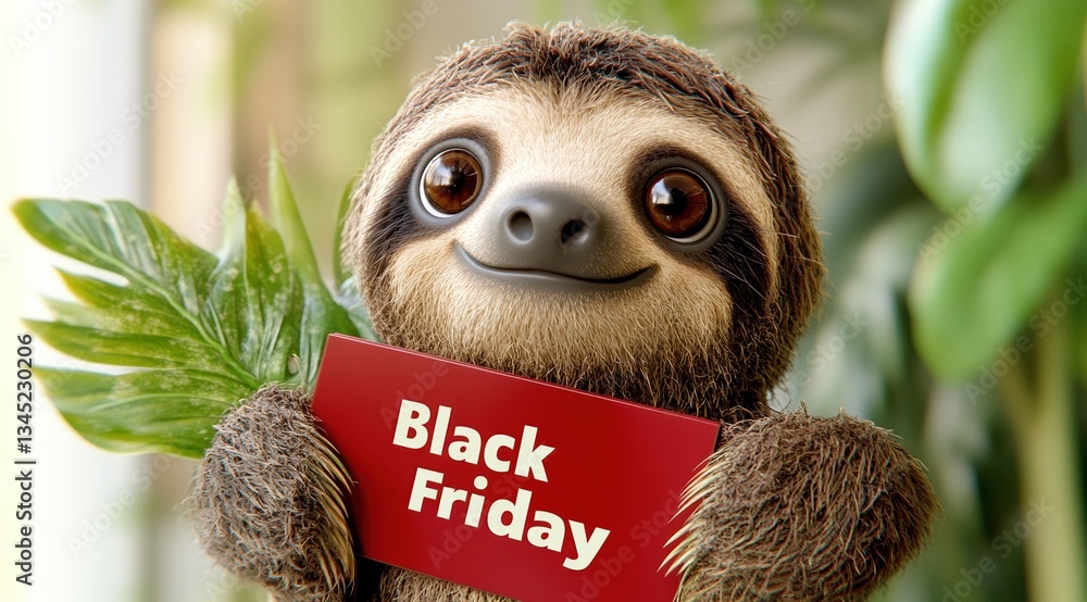 Fototapeta premium Adorable sloth holding black friday sign amidst lush greenery