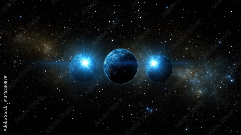 Obraz premium Mystical celestial alignment: three cosmic bodies in a starry universe