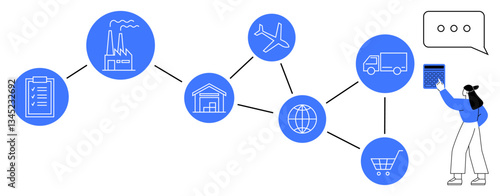 Flowchart-thumbs up representation of a supply chain from factory to consumer, showing production, transportation, warehousing, and shopping. Ideal for logistics, business planning, e-commerce