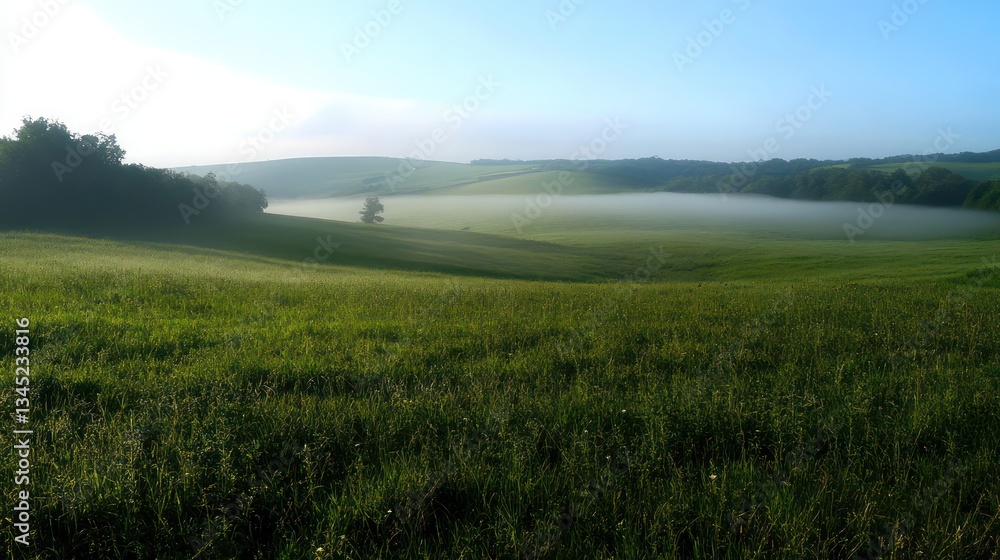 Misty morning field landscape, tranquil sunrise, idyllic rural scene, nature background Misty morning field landscape, tranquil sunrise, idyllic rural scene, nature background