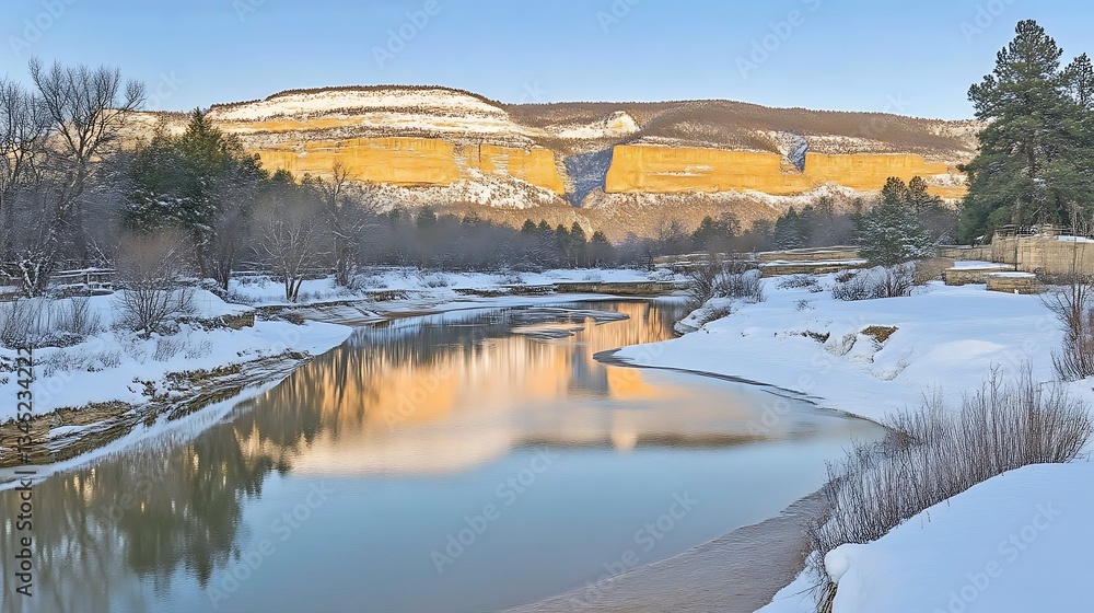 Fototapeta premium Canyon River Winter Sunrise Reflection.