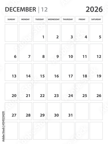 December 2026 year planner template. calendar 2026 year. Black and white monthly and yearly planners. Business planner minimal concept. Desk calendar 2026 year. Week Starts on Sunday, wall calendar.