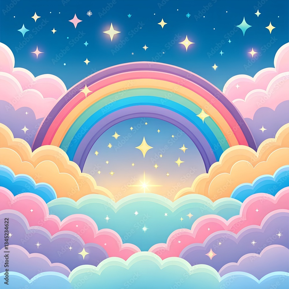 Playful fantasy scene with a soft rainbow, pastel sky and twinkling stars. Puffy clouds in shades of pink, blue and lavender create a dreamy atmosphere Playful fantasy scene with a soft rainbow, pastel sky and twinkling stars. Puffy clouds in shades of pink, blue and lavender create a dreamy atmosphere