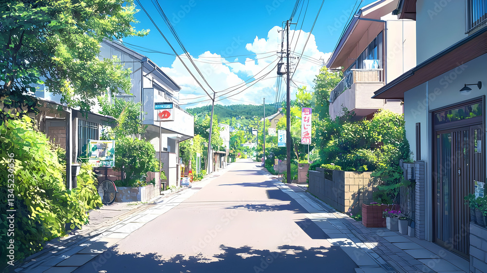 Japanese Residential Street Scene Pixel Art Illustration