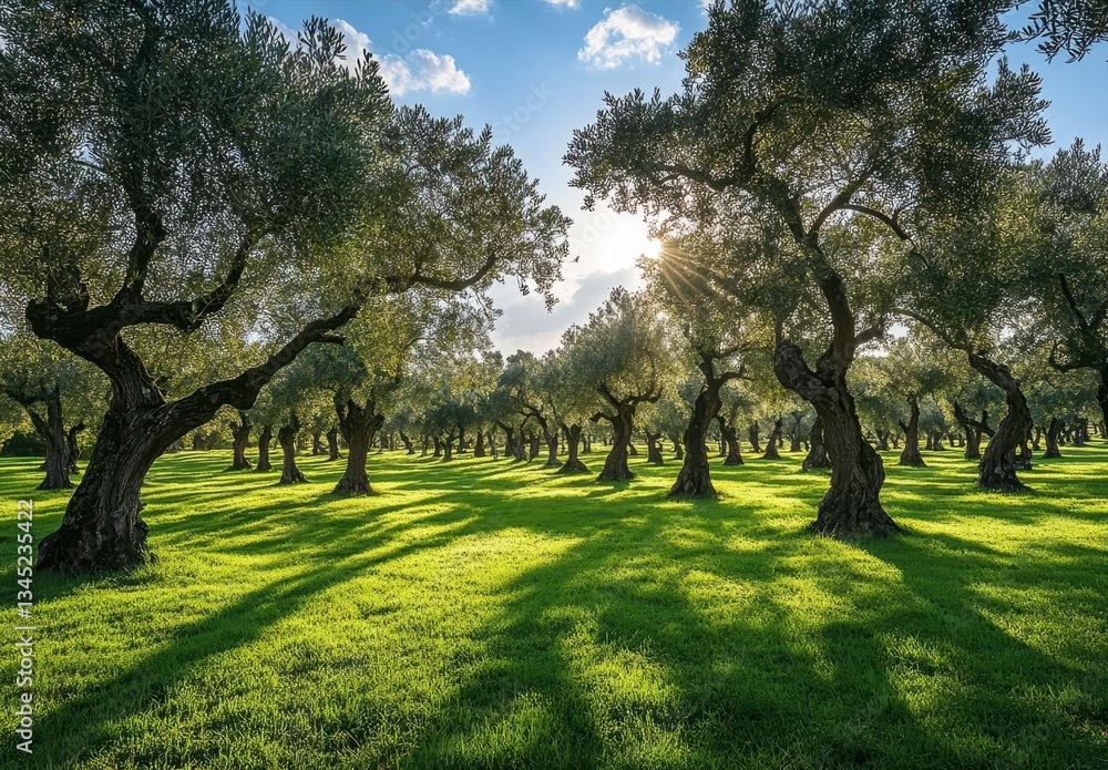 Fototapeta premium Lush Olive Grove Under Blue Sky with Sunlight Filtering Through Green Foliage on Vibrant Grassland in Nature Conservation Area