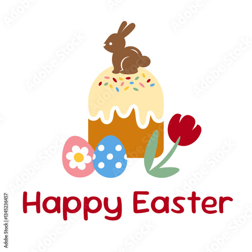 Greeting card with an easter cake, chocolate bunny, eggs and a flower on a white background. Happy Easter poster with a traditional bread with a rabbit on top in cute cartoon style