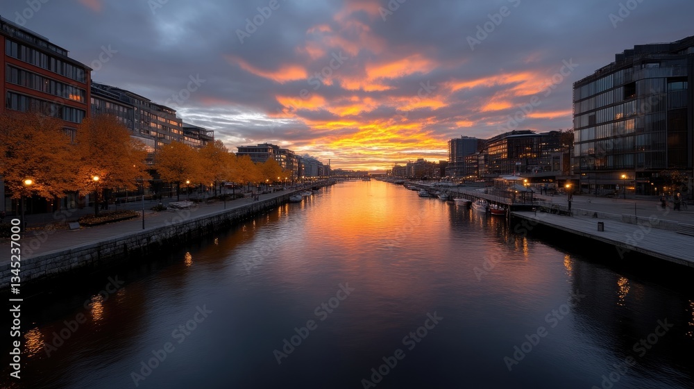 Obraz premium Sunrise over canal city