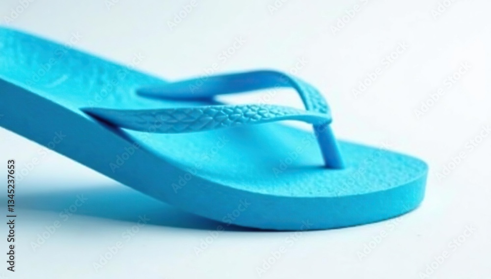 Close-up of a vibrant blue flip-flop against a stark white backdrop, isolated object, beach footwear Close-up of a vibrant blue flip-flop against a stark white backdrop, isolated object, beach footwear
