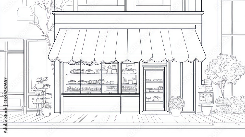 Outline drawing of a bakery storefront, city street scene. Possible use Stock photo for a bakery design, illustration, or coloring book Outline drawing of a bakery storefront, city street scene. Possible use Stock photo for a bakery design, illustration, or coloring book