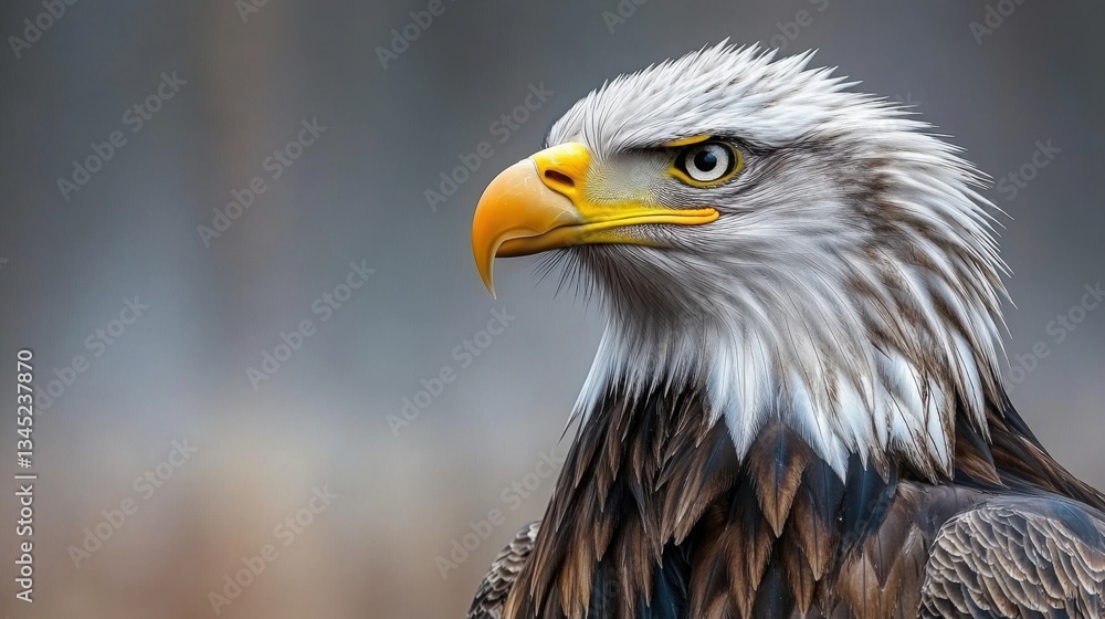 A close-up shot of an American Bald Eagle with its wings slightly spread, feathers detailed and vivid, against a soft, blurry background of a forest in early spring. A close-up shot of an American Bald Eagle with its wings slightly spread, feathers detailed and vivid, against a soft, blurry background of a forest in early spring.