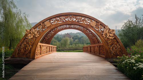 Charming rustic wooden arch bridge, intricately cut out design, set against a scenic landscape