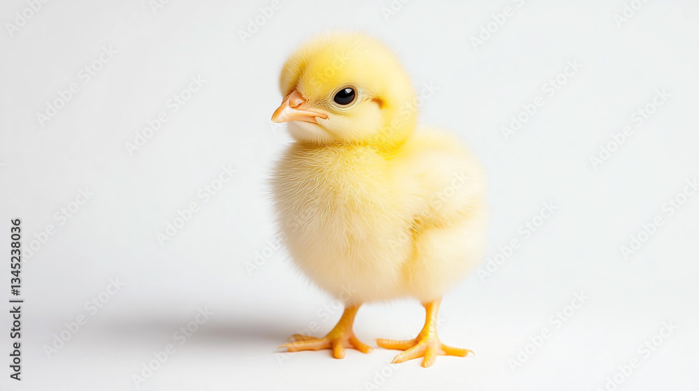 Chick on a white background, soft and fluffy with bright yellow feathers, standing still Chick on a white background, soft and fluffy with bright yellow feathers, standing still
