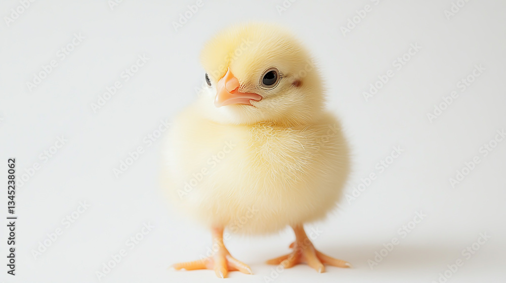 Chick on a white background, soft and fluffy with bright yellow feathers, standing still Chick on a white background, soft and fluffy with bright yellow feathers, standing still
