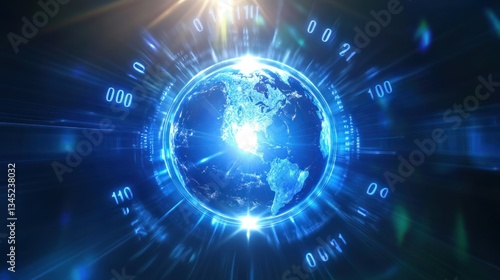 Wallpaper Mural A glowing blue earth surrounded by binary code and light rays Torontodigital.ca