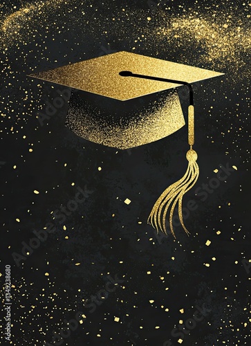 A black banner with a golden, glittering graduation cap 