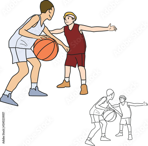 Basketball players in action, one dribbling the ball and another defending vector