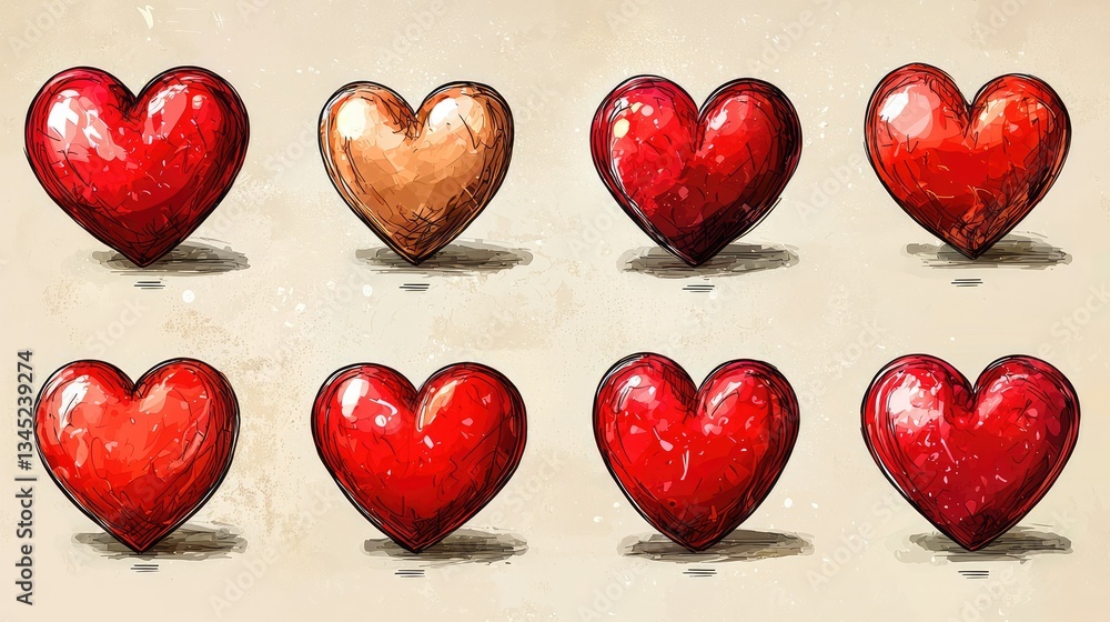 Fototapeta premium Various colorful illustrations depicting hearts with varying textures and shades