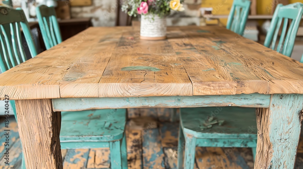 Fototapeta premium Rustic dining table and chairs in cozy home