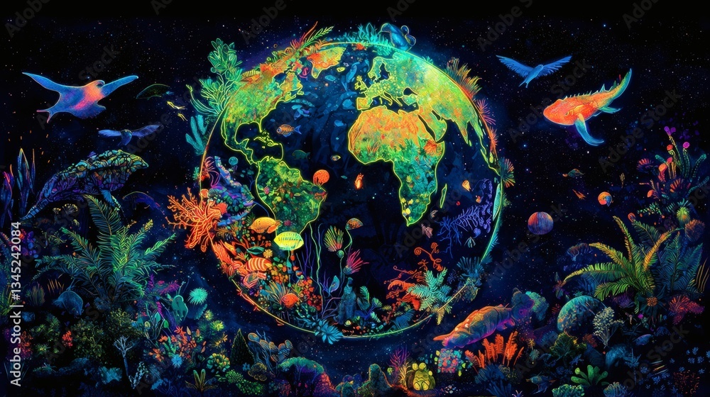 Naklejka premium Vibrant Underwater World with Colorful Flora and Fauna Surrounding Earth