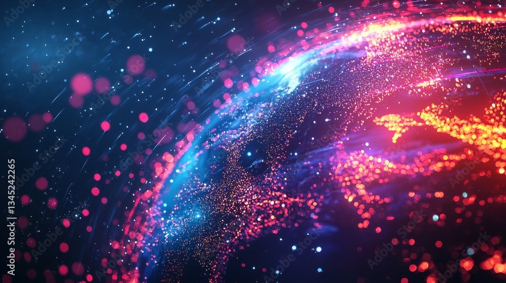 Fototapeta premium Colorful Digital Globe with Stars and Particles in Night Sky