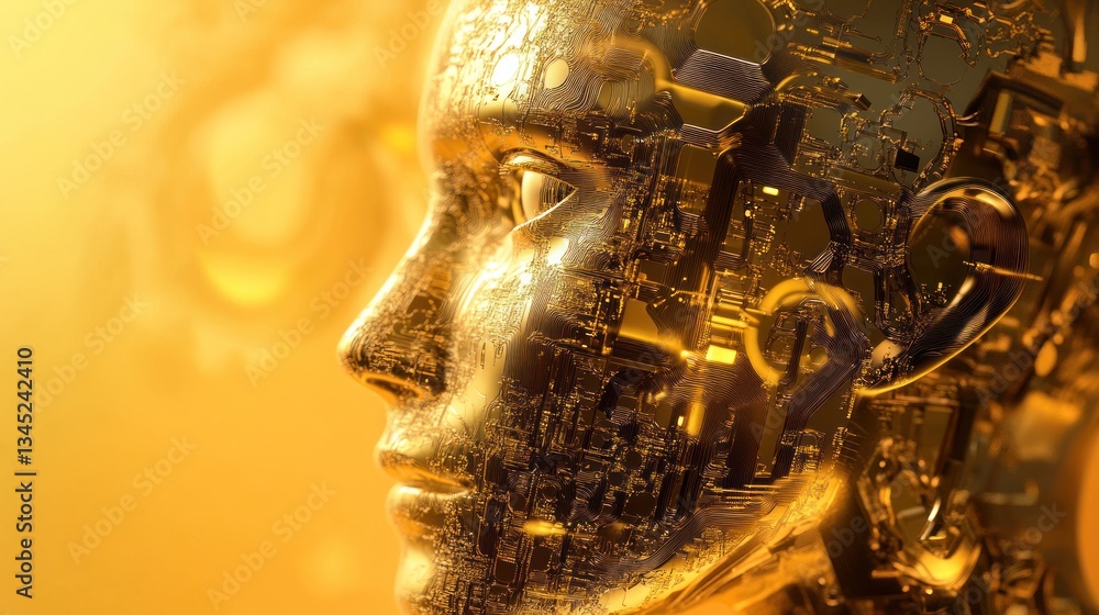 Obraz premium A golden cyborg portrait showcases intricate technology and human features