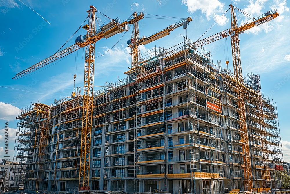 A modern building under construction with several large cranes towering A modern building under construction with several large cranes towering